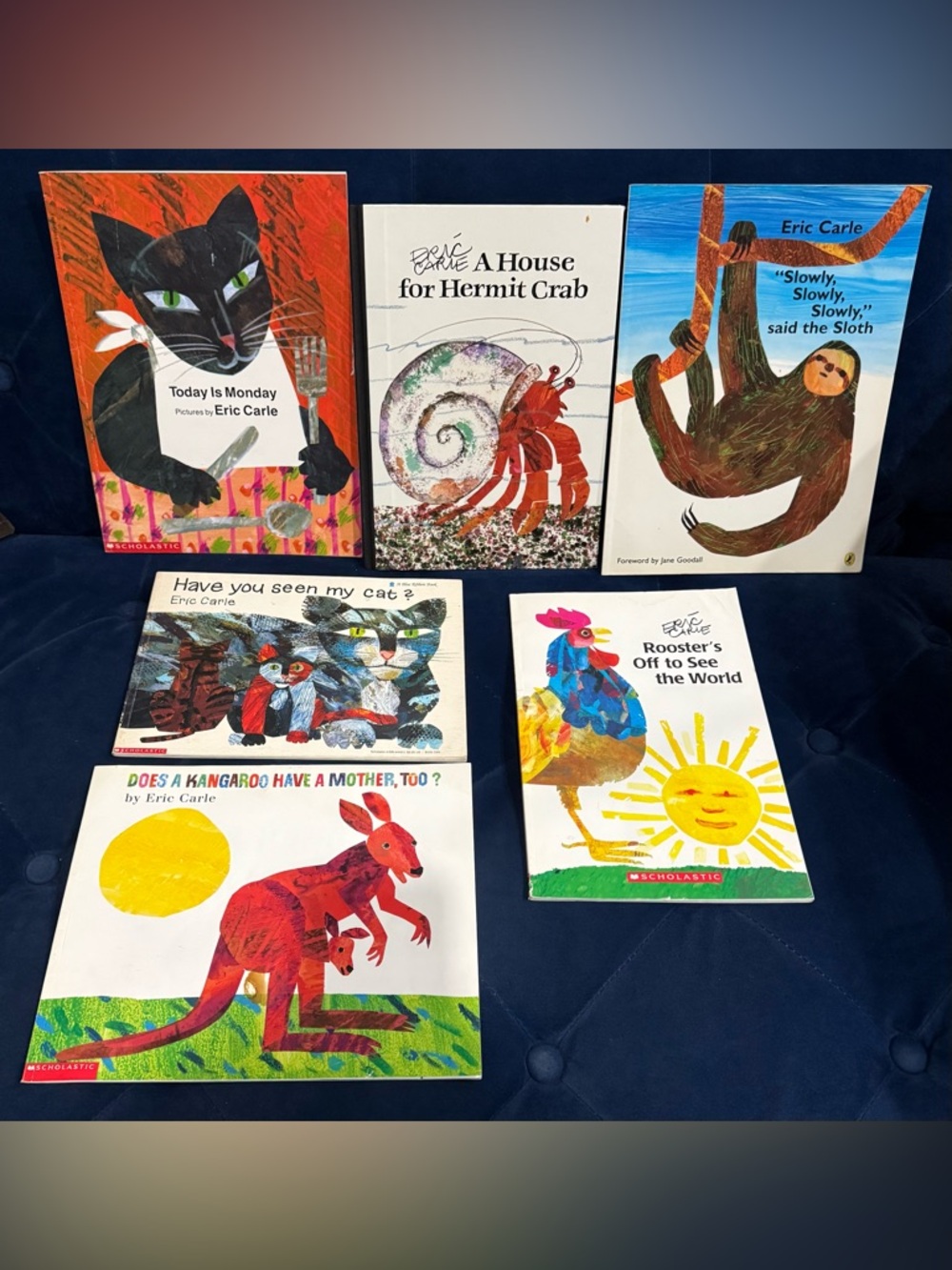 Lot of 6 books by Eric Carle Monday Hermit Crab Sloth Cat Kangaroo Rooster